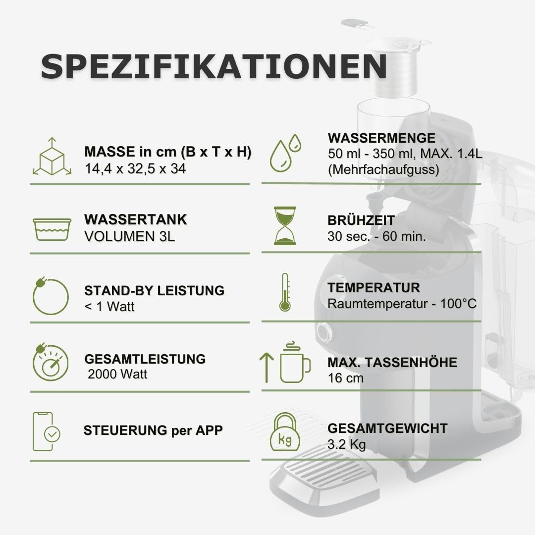 BRU Tee Automat für losen Tee & Kräuter & Teebeutel, OHNE Kapseln, Heißwasserspender & Teemaschine in einem, Tee & filtriertes Wasser auf Knopfdruck, automatisches Reinigungssystem (Schwarz/Chrome)