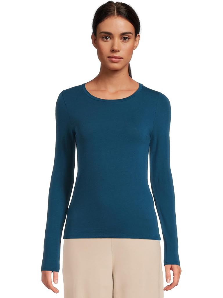 Blue Eileen Fisher Sheer Knit Round Neck Slim Long Sleeve Tee