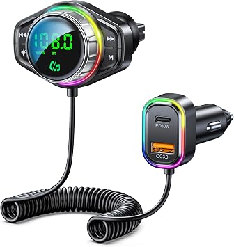 ISEYOU Bluetooth Car Adapter, Bluetooth 5.3 FM Transmitter for Car, 48W Dual USB Bluetooth Adapter with HiFi Sound & Bass Mode, Hands-Free Calling, Customizable RGB Light, Voice Assistant Support