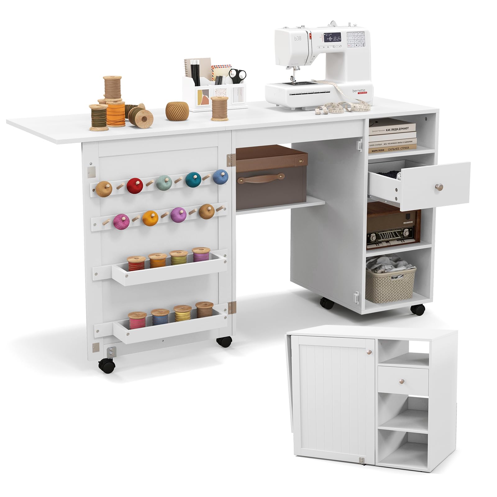 GIANTEX Table de Couture Pliante, Armoire à Couture avec 6 roulettes Verrouillables, 3 Étagères, 3 Compartiments Ouverts, 1 Tiroir, 18 Patères, Meuble Machine à Coudre pour Petits Espaces
