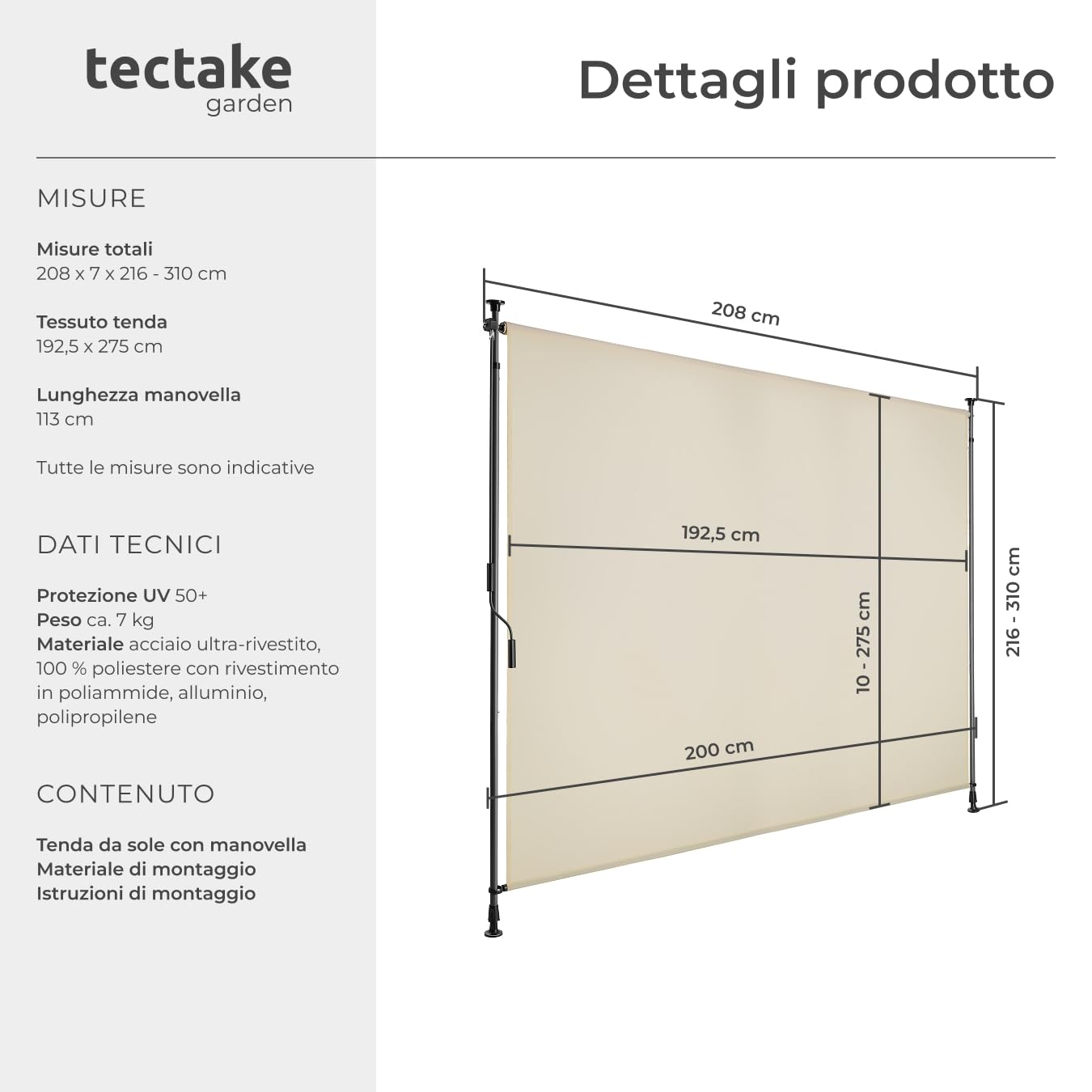 tectake Tenda da Sole per Esterno Verticale 200x310 cm Poliestere Opaco Protezione UV