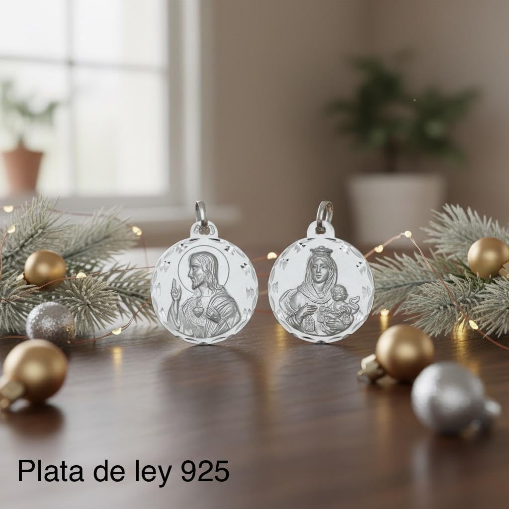 Medal Szkaplerski y Carmen i Najświętszego Serca 925 Srebro 925 20mm Rzeźbione Krawędź Religijne