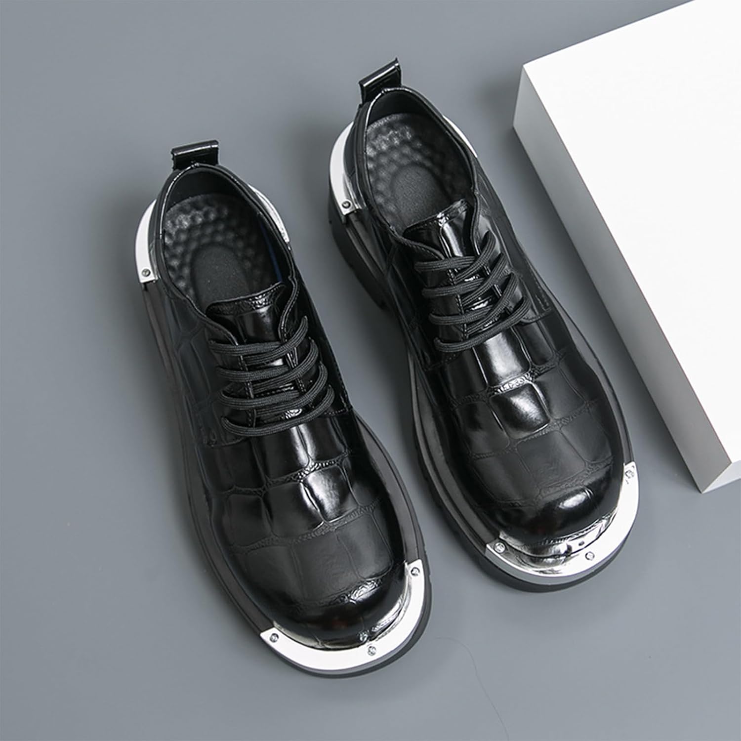 Men's Leather Metal-Plate Platform Dress Oxfords Fashion Print Round Toe Lace Up Chunky Heel Anti-Slip Lug Sole Heighten Derby Shoes