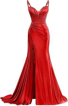 Womens Mermaid Prom Dresses Long Ball Gown Satin Lace Applique Bodycon Formal Evening Gowns with Slit 1003