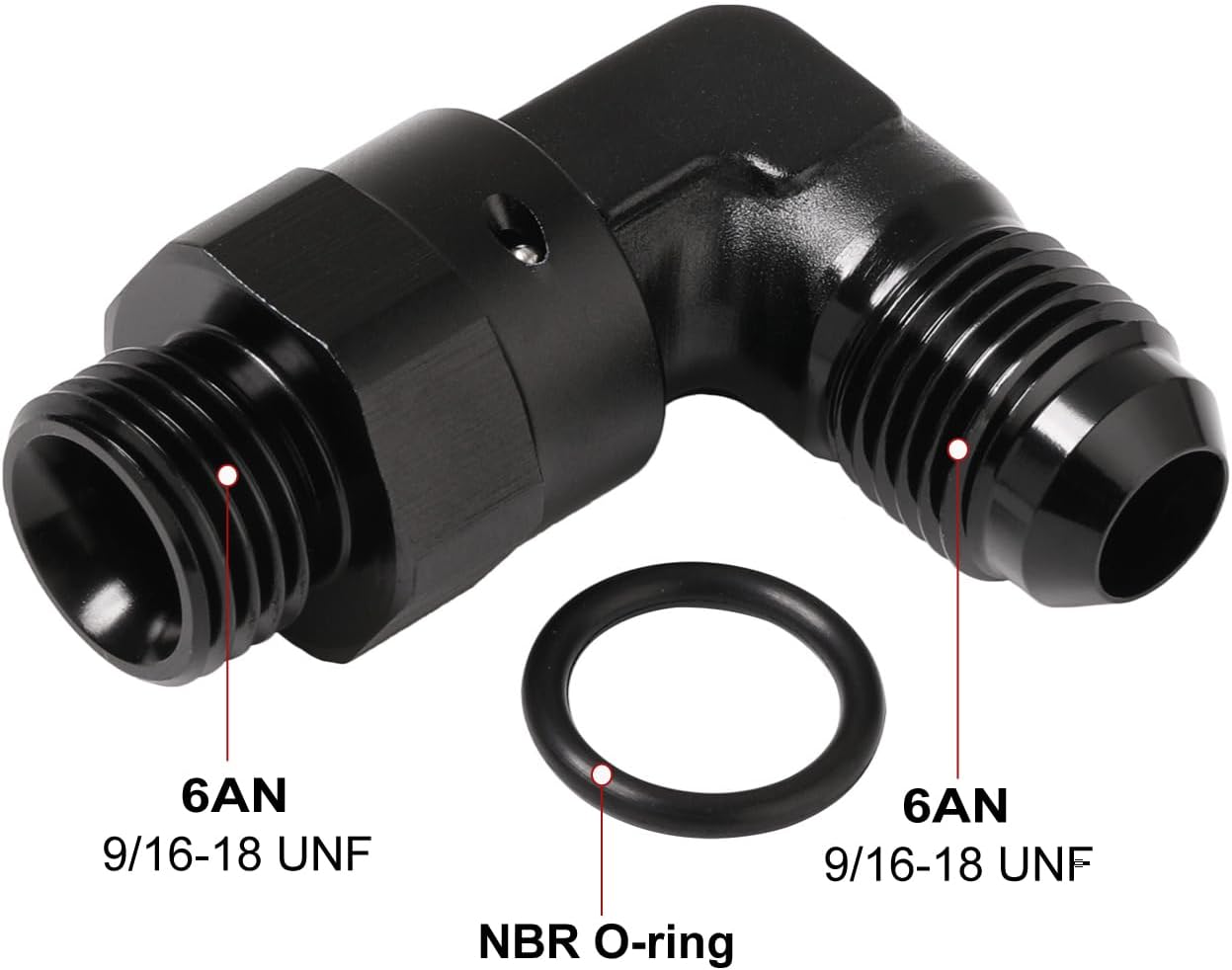 6AN Male Flare to 6AN -6 ORB O-ring Boss 90 Degree Swivel Fitting Adapter Aluminum Black
