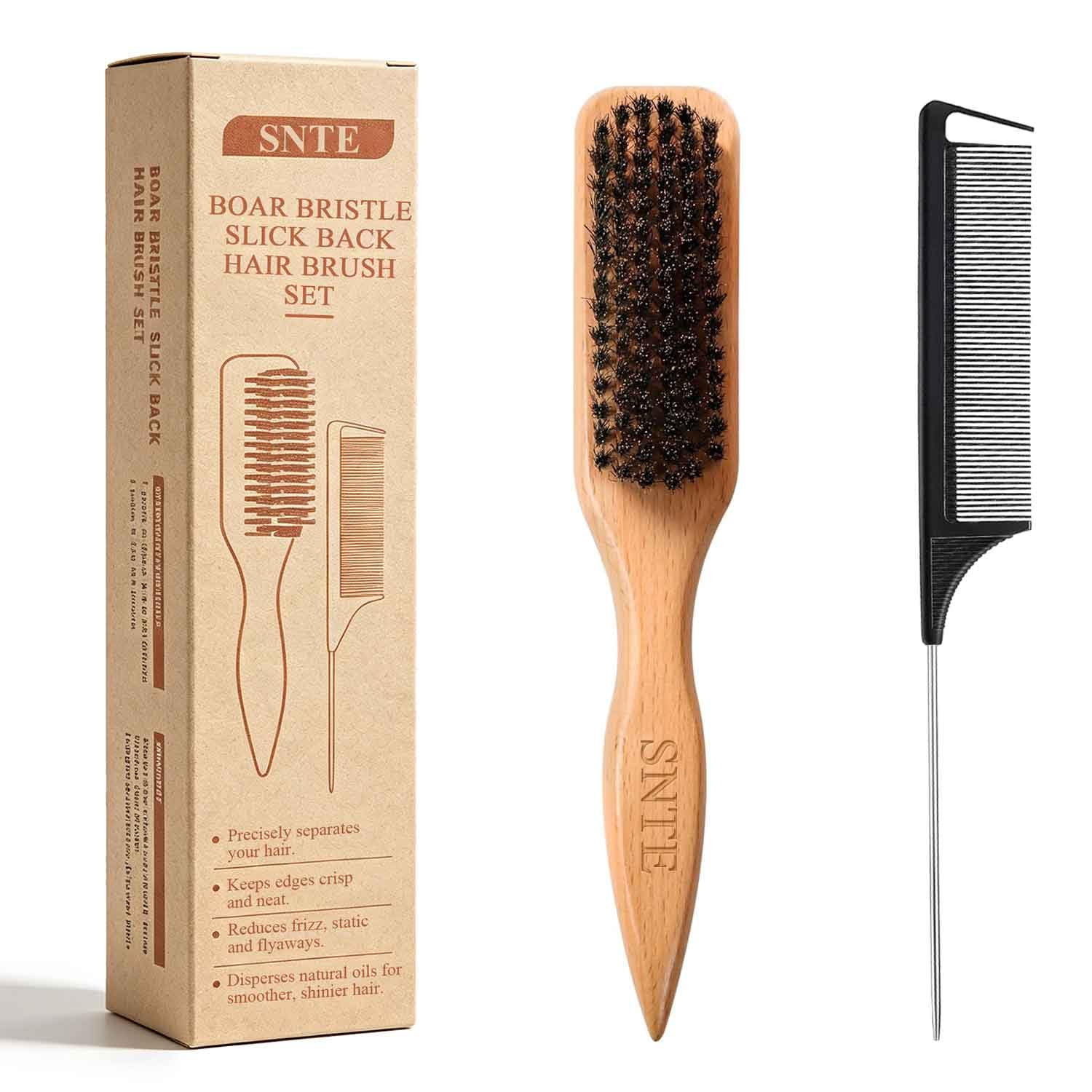 Peach Wood Boar Bristle Slick Back Hair Brush & Rat Tail Comb Set - Controls Frizz, Smooths Flyaways, Restores Shine - Creates Sleek Ponytails, Buns & Edge Control, Teasing for Women & Kids