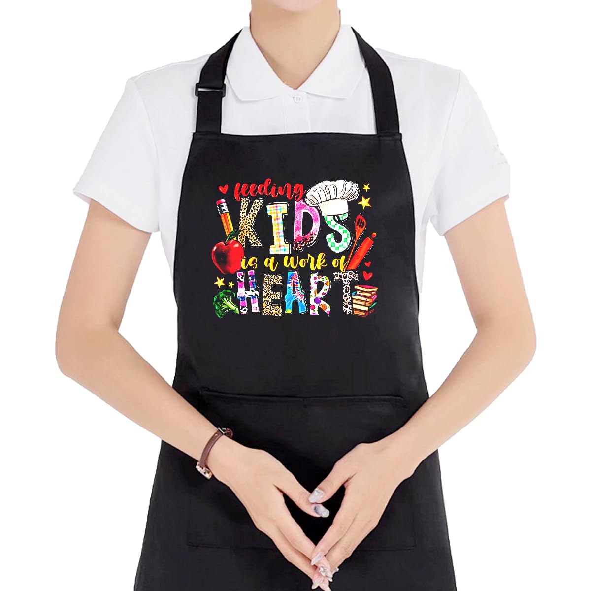 Uinwk Funny Cafeteria Worker Apron – “Feeding Kids Is A Work Of Heart” Cooking Apron With Pockets For Women & Men