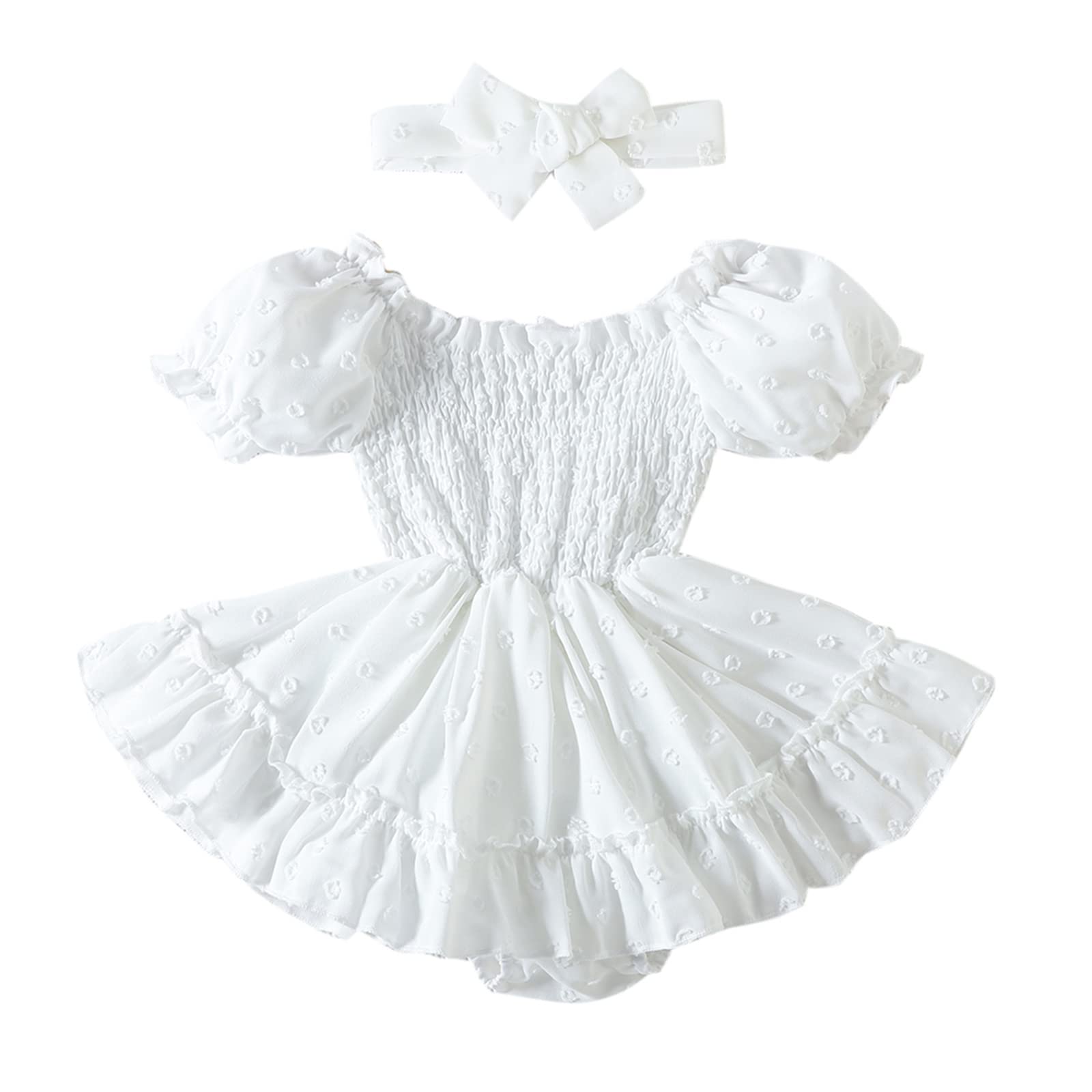 Newborn Baby Girl Bubble Romper Dress Jumpsuit Headband Infant Summer Clothes Easter Toddler First 1st Birthday Outfit Smash Cake Photoshoot Beach Holiday Lace Boho Sunsuit White 3-6 Months
