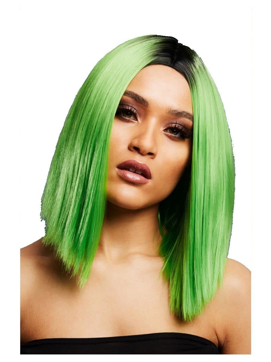 Smiffys Fever Kylie Wig, Two Toned Blend, Lime Green Inverted Long Bob, Centre Parting, 37cm/ 15in, Fever Wigs Fancy Dress