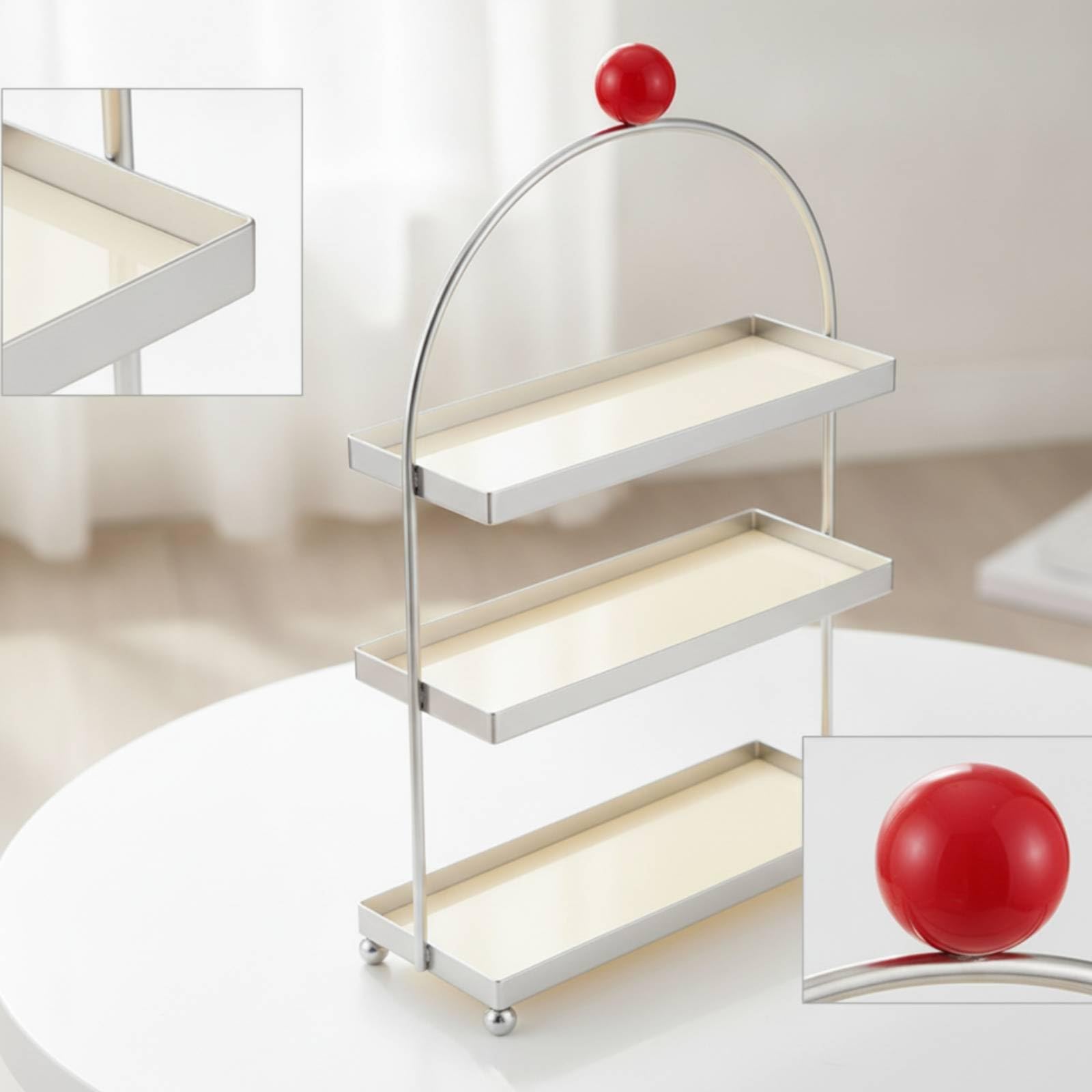 Organizer da Tavolo a Tre Livelli Salvaspazio Scaffale a Tre Livelli Verticale Ripiano Portaoggetti per Trucco, Nero, Rosso, Tre Strati Con Sfera Rossa