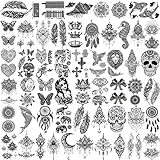 52 Blatt Geweir Schwarz Temporäre Tattoos Frauen Damen, Klein Böhmen Fake Tattoo Zum Aufkleben Feder, Klebetattoos Erwachsene Schmetterling Tribal Tatoos Lotus Mond Mandala Blumen mädchen Farbe Haut