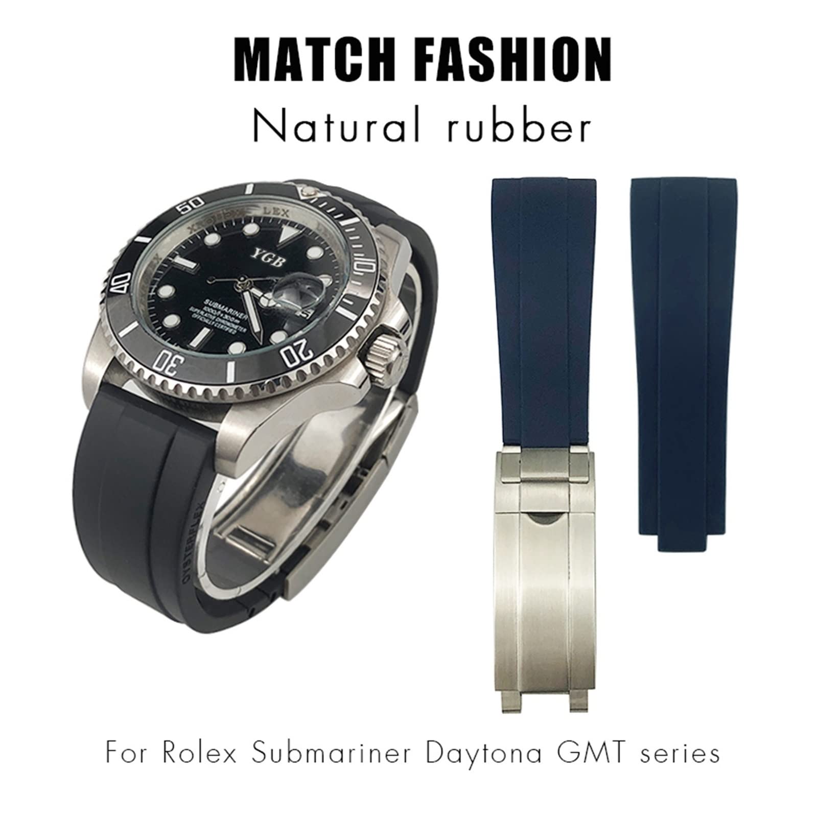 Do gumowego paska do zegarka Rolex 20 mm, 21 mm, ze srebrną klamrą i łukowymi uszczelkami.