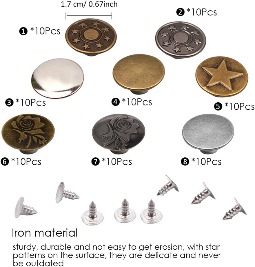 Yakamoz 80 Sets 17mm Metal Jeans Button Replacement Kit Fastener Tack Buttons for Denim Jeans Pants Buttons Fix Repair (8 Style, Each 10Pcs)
