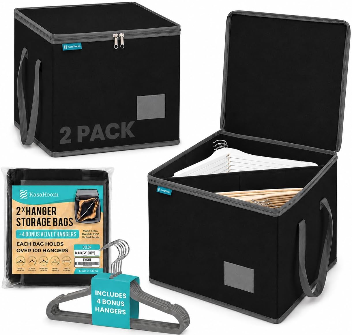 Clothes Hanger Organizer Bags, 2 Pack, Black, Holds 100+ Hangers