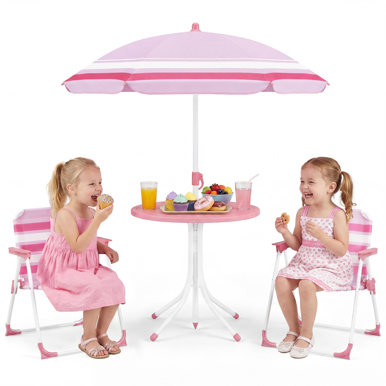 COSTWAY Set de Mesa Picnic Infantil de 4 Piezas, Mesa Infantil de Exterior con 2 Sillas Plegables y Sombrilla de Altura Ajustable, Mesita Redonda y Sillones para Niños 3-6 Años (Rosa)