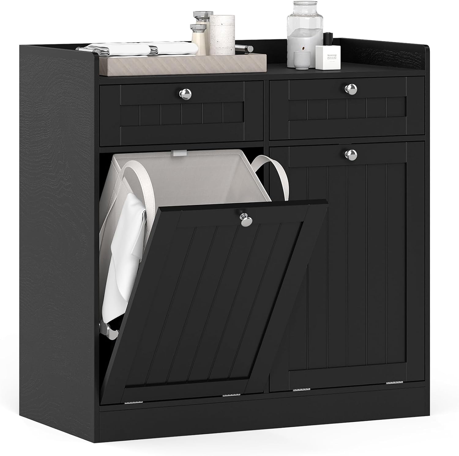 COSTWAY Laundry Cabinet, Tilt Out Laundry Hamper Bathroom Storage Cabinet with Drawer & Removable Liner Bag, Freestanding Wooden Dirty Clothes Basket Chest Organiser Unit (2 Drawers+2 Baskets, Black)