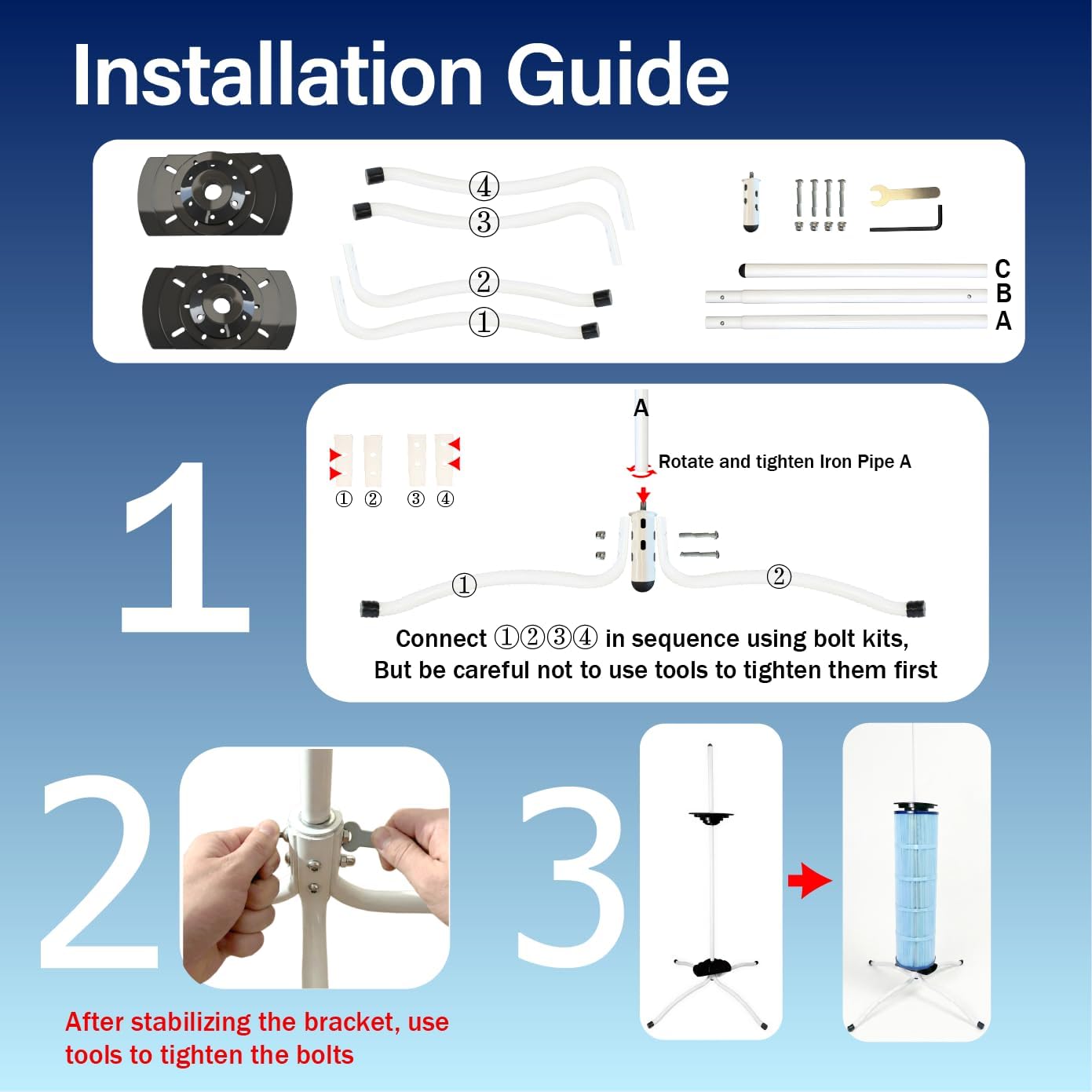 Pool Filter Cleaner Stand Kit with Smooth Bearing, 360° Rotatable Washing Tool for 3", 4", 6" Filter Cartridges