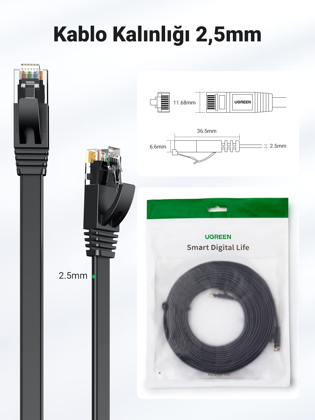 Ugreen CAT6 Flat Ethernet Kablosu, 10 Metre