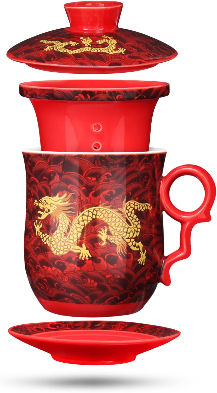 Chinese Dragon Pattern Tea-Mug with Strainer Infuser and Lid and Saucer Ceramic Tea Mug Convenient System Chinese Porcelain Personal Tea Cup 13.5 oz(380ml) - RED, TC400