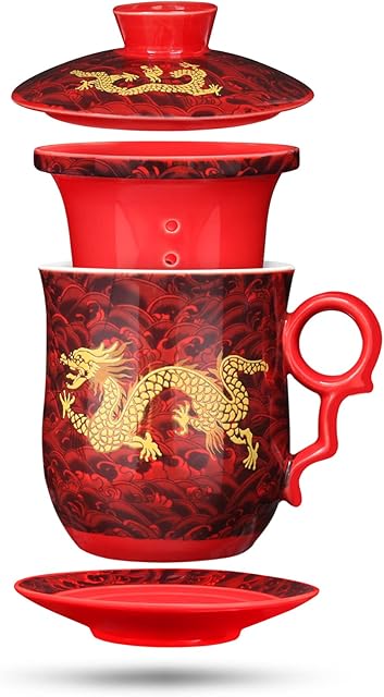 YURROAD Chinese Tea Cups Chinese Dragon Pattern Tea-Mug 4pcs Kit with Strainer Infuser and Lid and Saucer Ceramic Tea Mug Chinese Porcelain Personal Tea Cup 12.3 oz(0.08 gal)(RED)