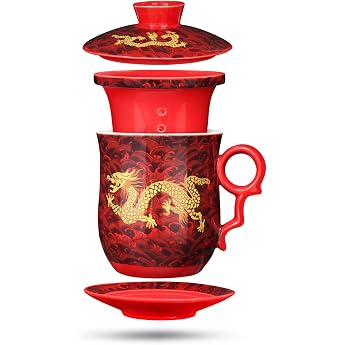 4 in 1 Chinese Tea Cup with Strainer Lid Infuser and Saucer 400 ml Tea Mug Porcelain Tea Cup Chinese Dragon Pattern Tea Cup with Lid Chinese Tea Cups for Gift - Red