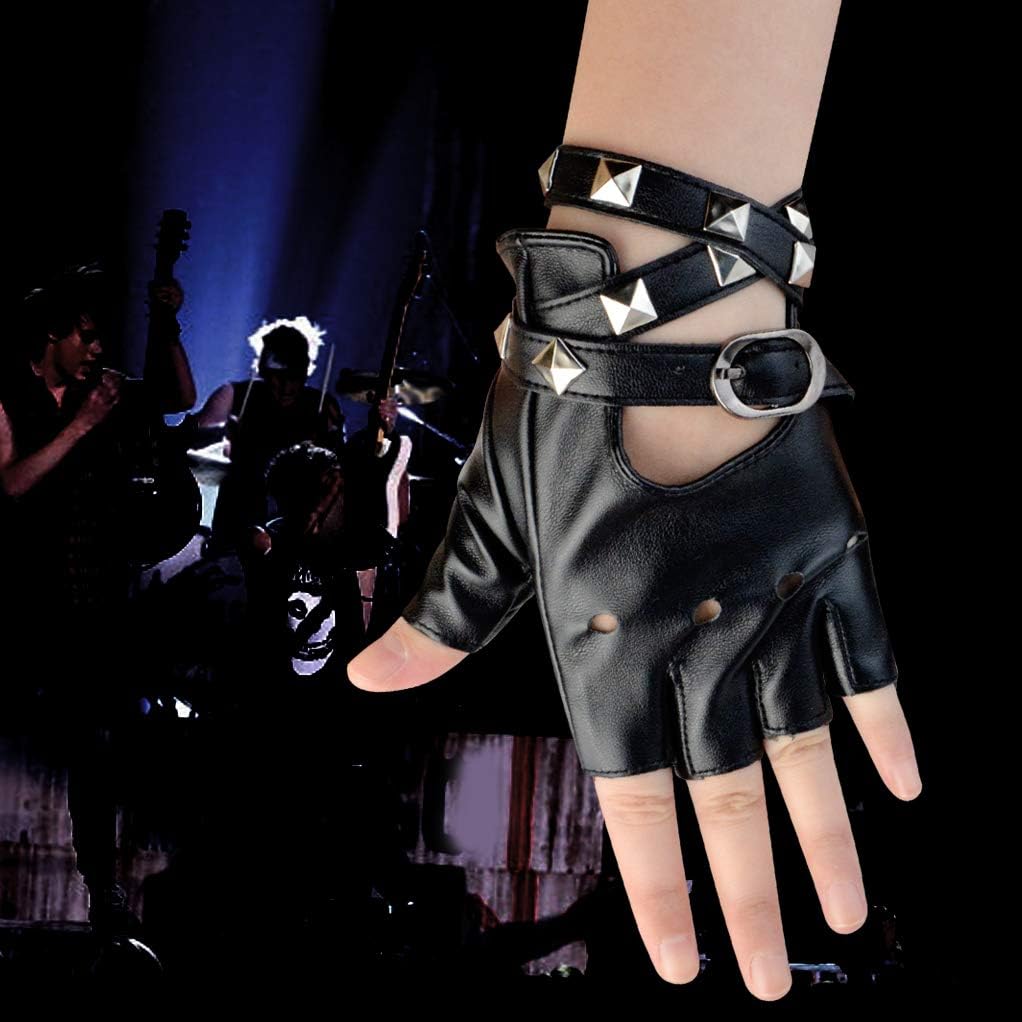 Miniatura 5 de Guantes de piel sintética con remaches punk, de medio dedo, sin dedos, para mujer