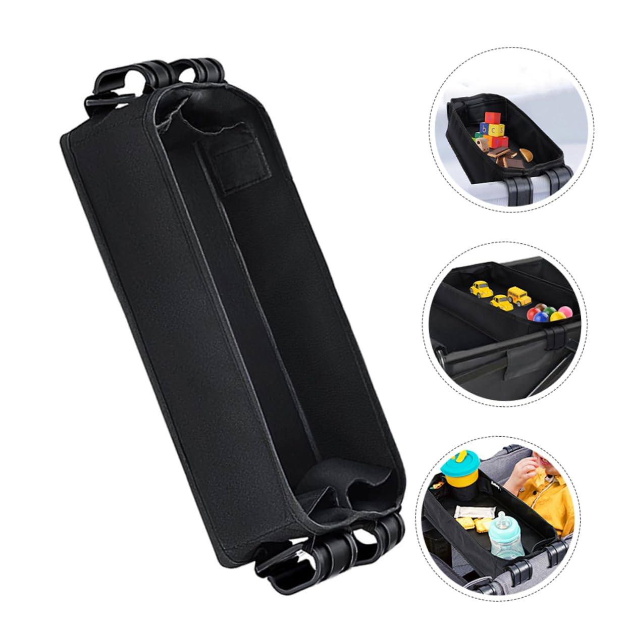 Toyvian Plateau Organisateur Poussette Noir Support pour Snacks et Boissons Accessoires Poussette Garçon Fille et Tout Petits Support de Téléphone pour Sorties Familiales