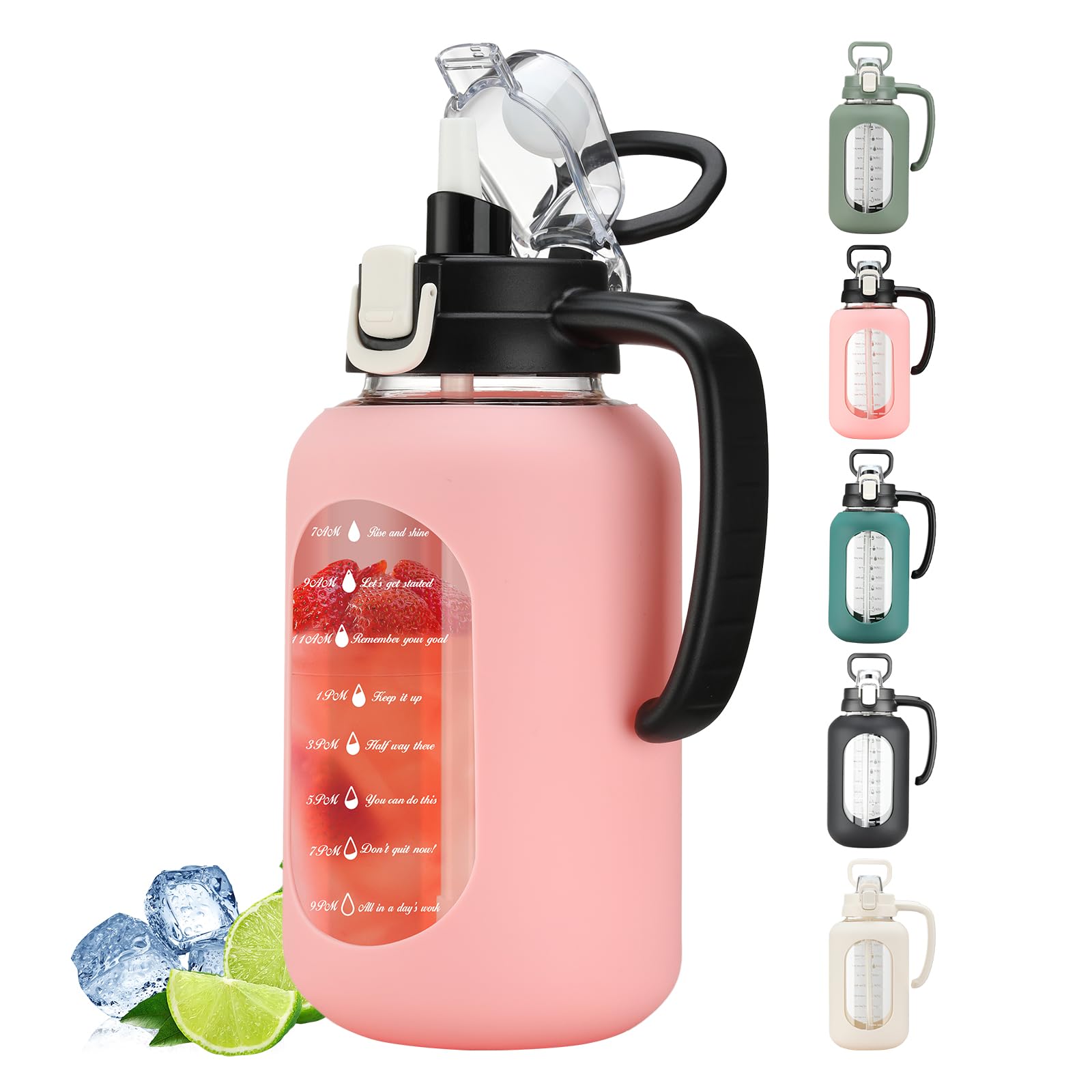 64 oz Glass Water Bottle with Handle and Straw Large 2L Water Bottle with Time Markers and Silicone Sleeve Half Gallon Water Jug BPA Free for Gym