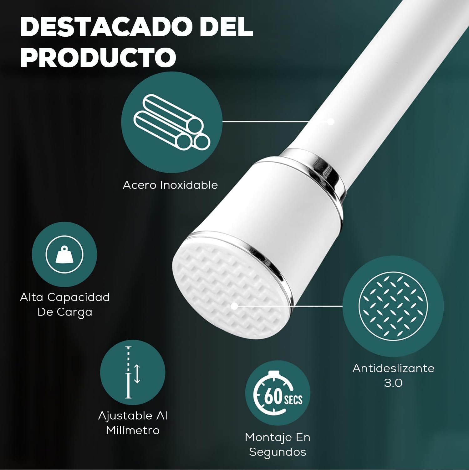 MEISENGERG Barra Cortina Extensible 270-320 cm, Blanco - Barra Ducha Ajustable, Sin Taladro, Tensión Telescópica para Dormitorio, Baño, Terraza, Separador de Ambientes - Ø32mm, Acero Inoxidable