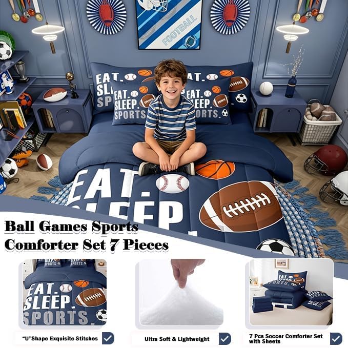 Image of Feelyou Sports Comforter Set 7 Pieces King Size Boys Bedding Set Kids Football Basketball Baseball Soccer Bed in A Bag with Sheets, Pillow Covers, Pillowcases, Navy Blue Sports Game Comforter