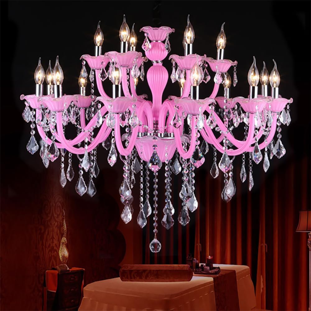 European Pink Crystal Candle Pendent Lamp Luxury Living Room Restaurant Bedroom Girl's Room Villa Clothing Store Beauty Salon Cafe Bar KTV Chandelier (C 18 Lights)
