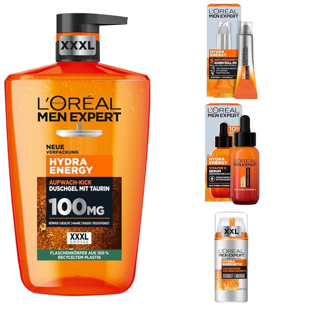 Hydra Energy Set aus L'Oréal Men Expert XXXL Duschgel, Augen Roll-On, Vitamin C Serum und XXL Feuchtigkeitspflege – gegen müde Haut mit Vitamin C, Taurin und Koffein
