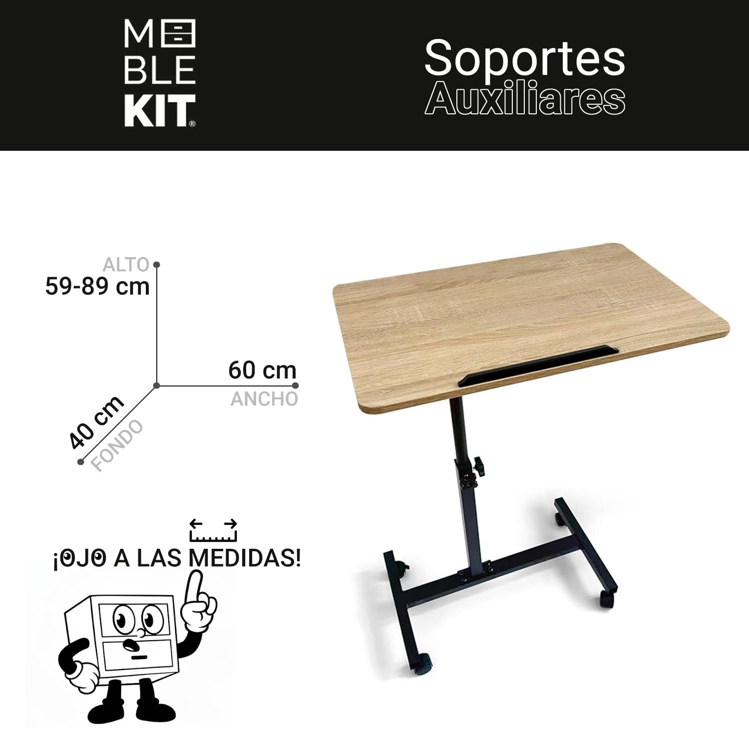 INDE MOBLEKIT | Mesa Auxiliar Regulable con Tablero Inclinable 60x40x59-89 cm, Escritorio con Ruedas para Sofá o Cama, Metal y Madera, Mesa Auxiliar con Altura Ajustable y Freno