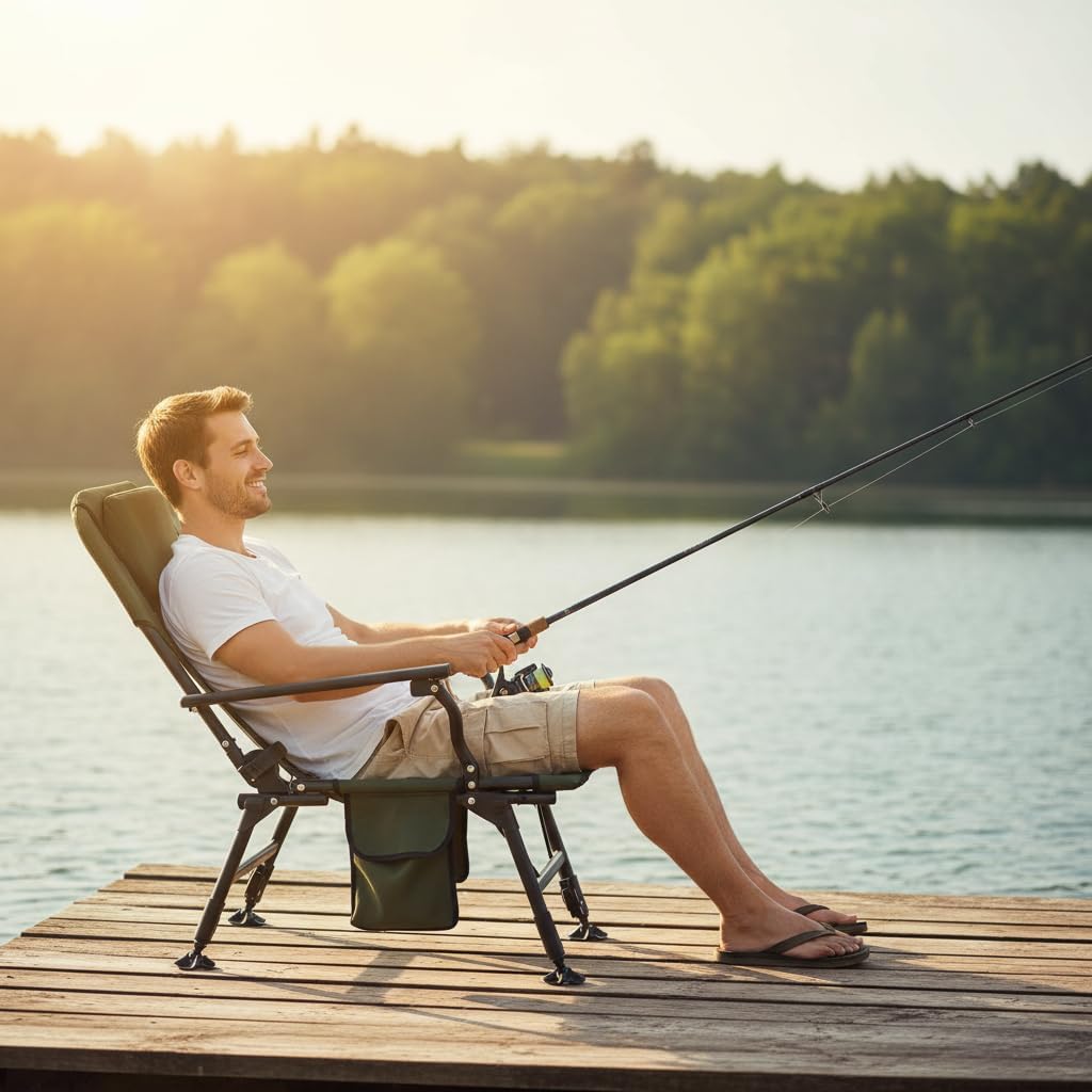 GYMAX Foldable Fishing Chair, Heavy Duty All-Terrain Camping Chair, Detachable Footrest, 180° Adjustable Padded High-Back, Portable Recliner for Outdoor (Detachable Footrest)