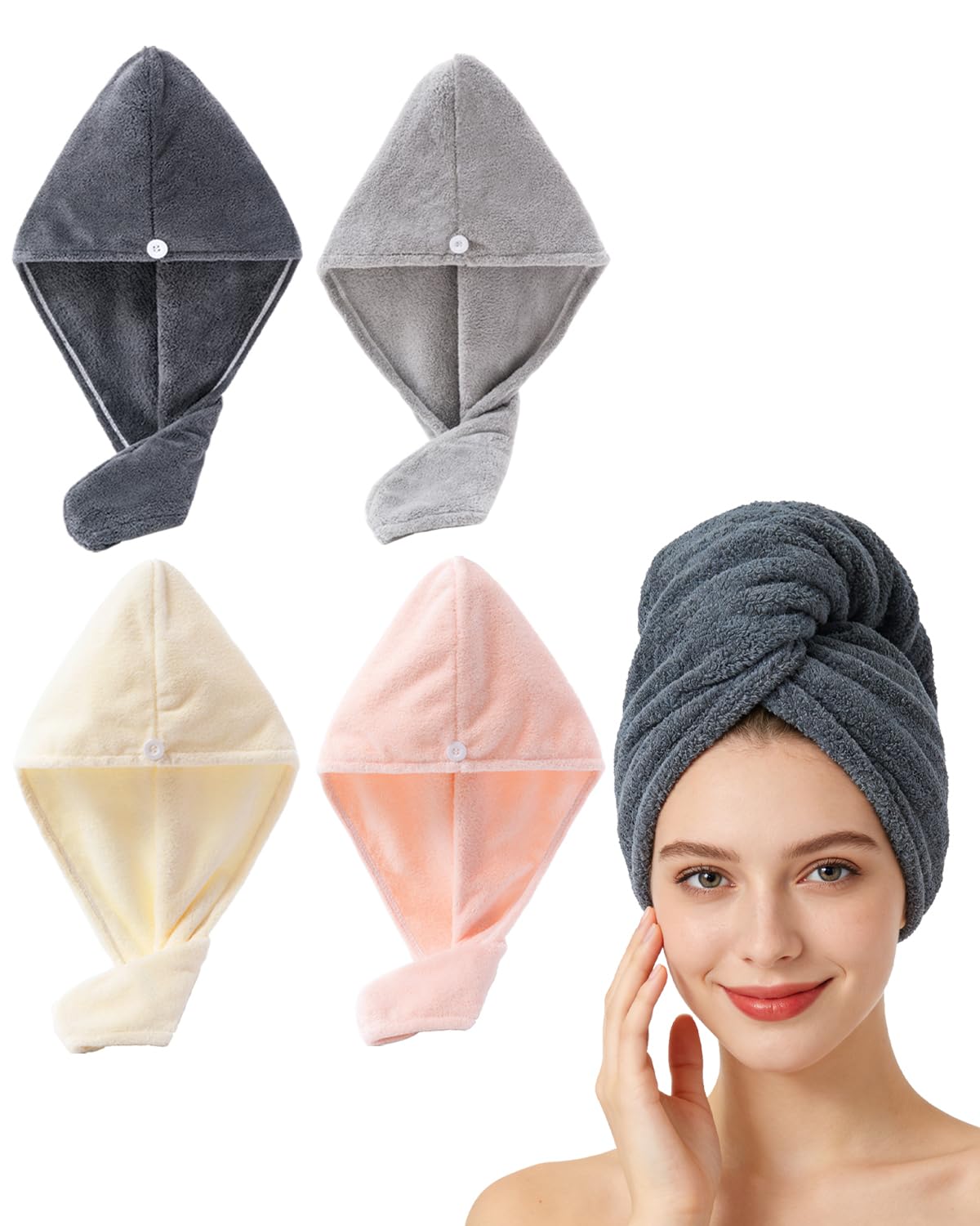 Lumimi 4 Stück Haarturban Set Leicht Angenehm Extra Saugfähig Schnell Trocken Flauschig Haarkuren Grau Dunkelgrau Hellrosa Weiss