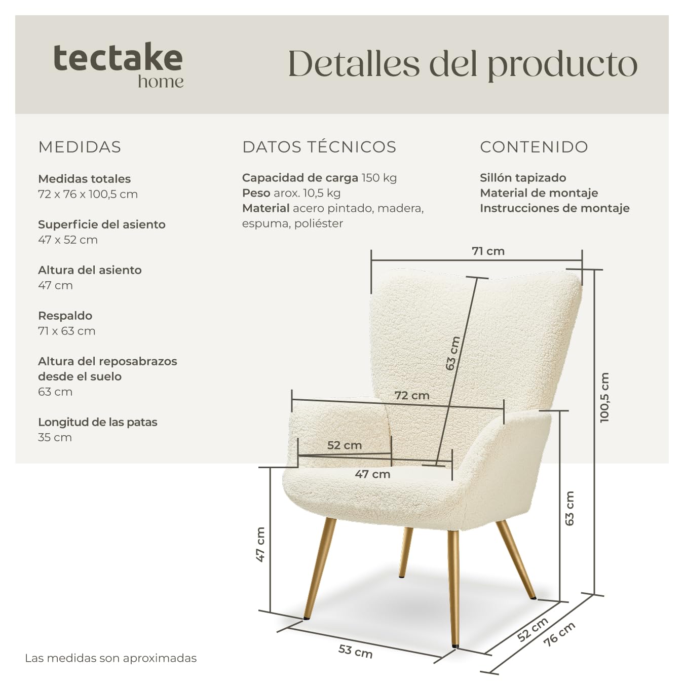 tectake® Sillón Orejero Estilo Escandinavo, Butaca de Salón con Tapizado en Tejido Bouclé, Sillón Lectura con Respaldo Ergonómico, Ideal Mueble de Salón, Topes en Patas, hasta 150kg - Crema/Dorado