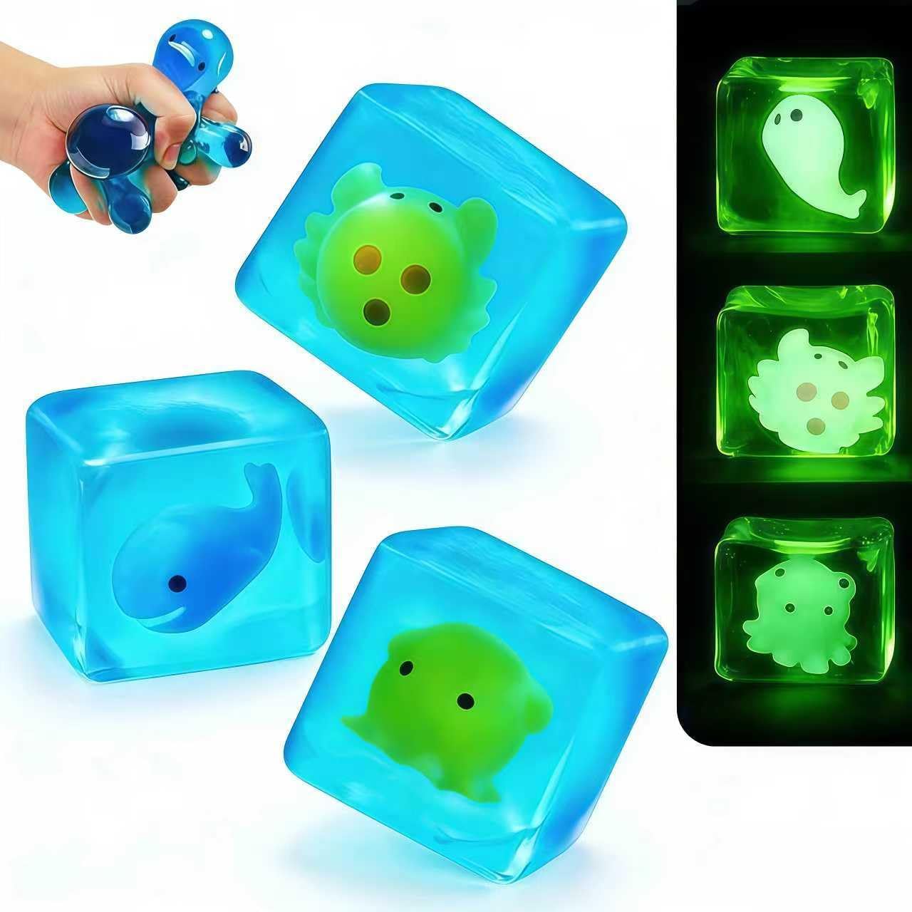 Squishy Stress Cube Fidget Toys Adults - Glow in The Dark Sensory Toys for Kids with Autism Stress Balls for Kids Teens Squeeze Toys for Anxiety Easter Basket Stuffers