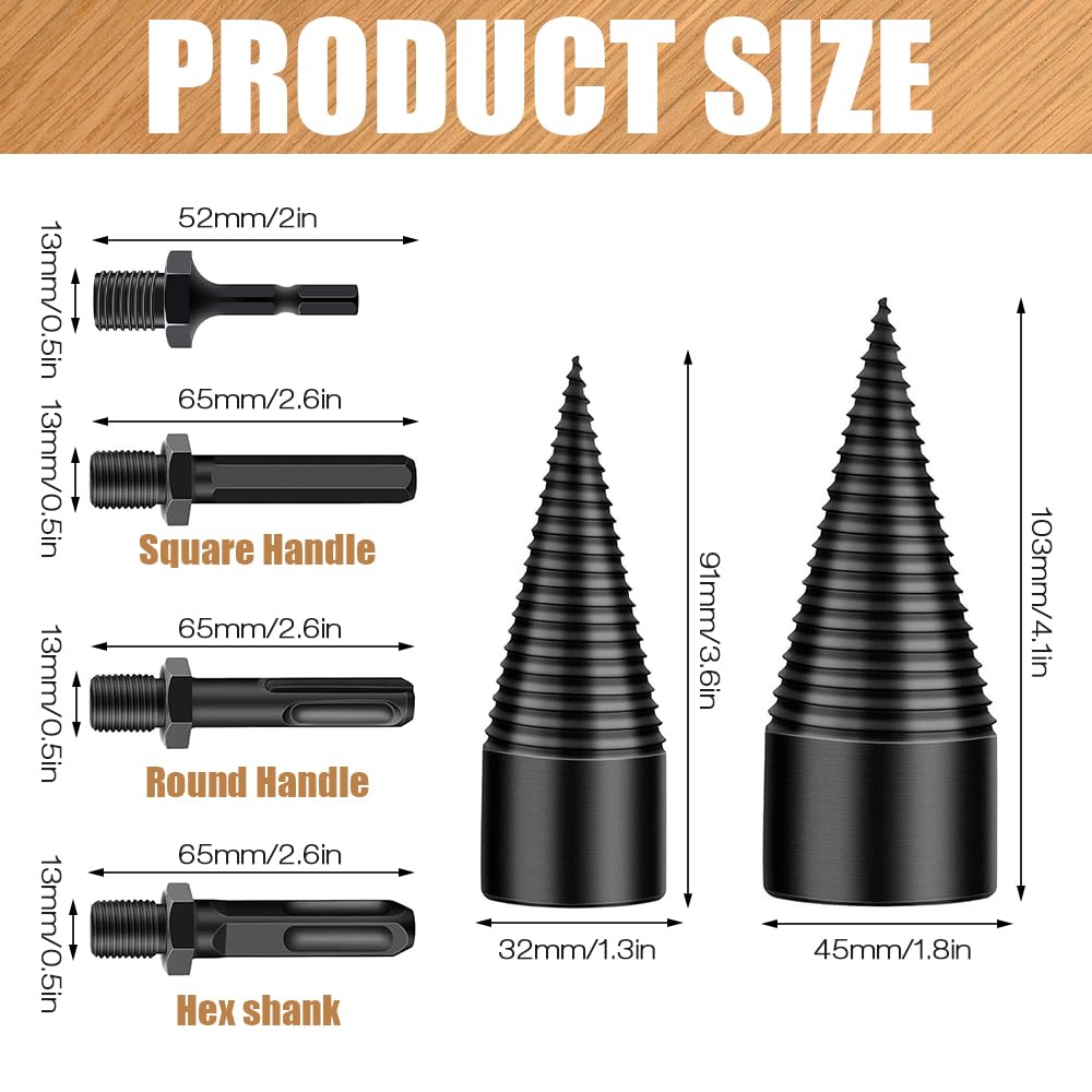 Taladro divisor de leña, 45mm 32mm Divisor de Troncos, broca de división de madera, cortador de leña, Taladro cono divisor de madera Partir troncos de madera con 4 mangos de perforación