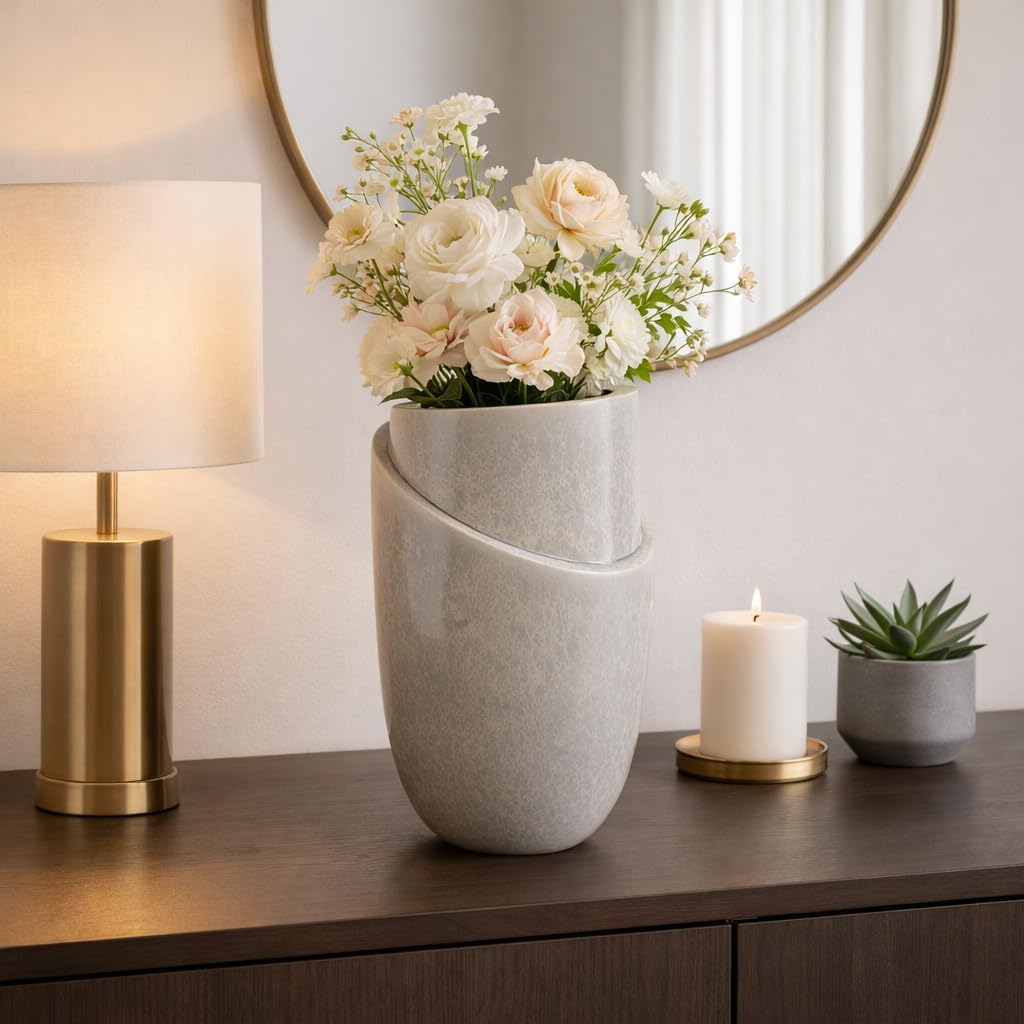Large Oval Ceramic Vase with Layered Rim for Living Room and House Decor - Flower Vase for Home, Bedroom Vanity and Kitchen Accent - Elegant Earthenware for Office Table Centerpiece - 15", Gray