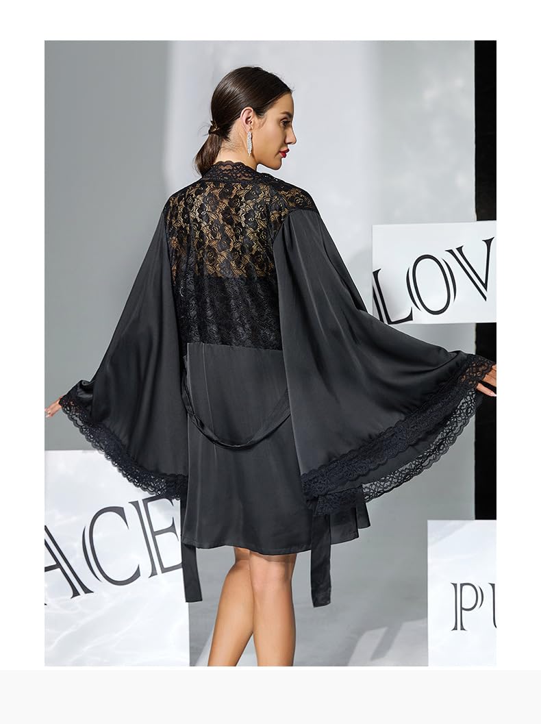 Kimono Robe Ensemble Débardeur Court en Dentelle pour Femme avec Robe en Satin