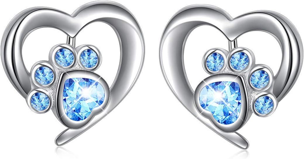 925 Sterling Silver Cute Heart CZ with Cat Puppy Paw Print Stud Earrings Gift for Women Friends (Nickel Free)