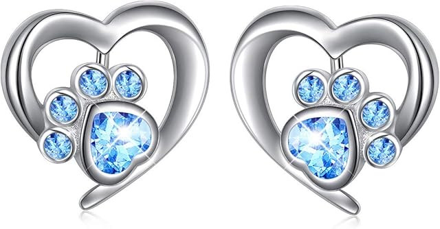 S925 Sterling Silver Cute Heart CZ Cat Puppy Paw Print Stud Earrings Valentine's Day Gifts for Women Pet Lovers(Paw Studs)