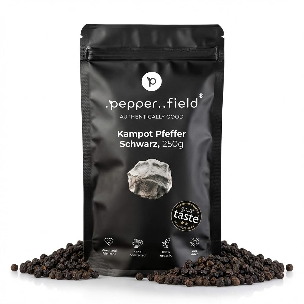 Pepper Field Kampot Pepper Black - Granos de pimienta enteros de Camboya, frescos y sabrosos, granos de pimienta enteros para moler y cocinar, excelente sabor, ideal para cocinar y asar, 250g