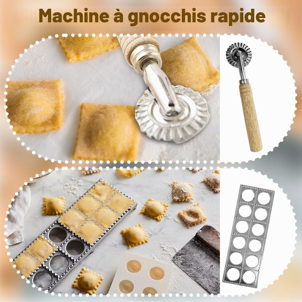 Machine à Raviolis - 4 Pièces en Acier Inoxydable Incluant Emporte-Pièces Rond/Carré 40mm et Rouleau - Pour Raviolis, Dumplings et Pâtes Frais - Grand Espace de Remplissage