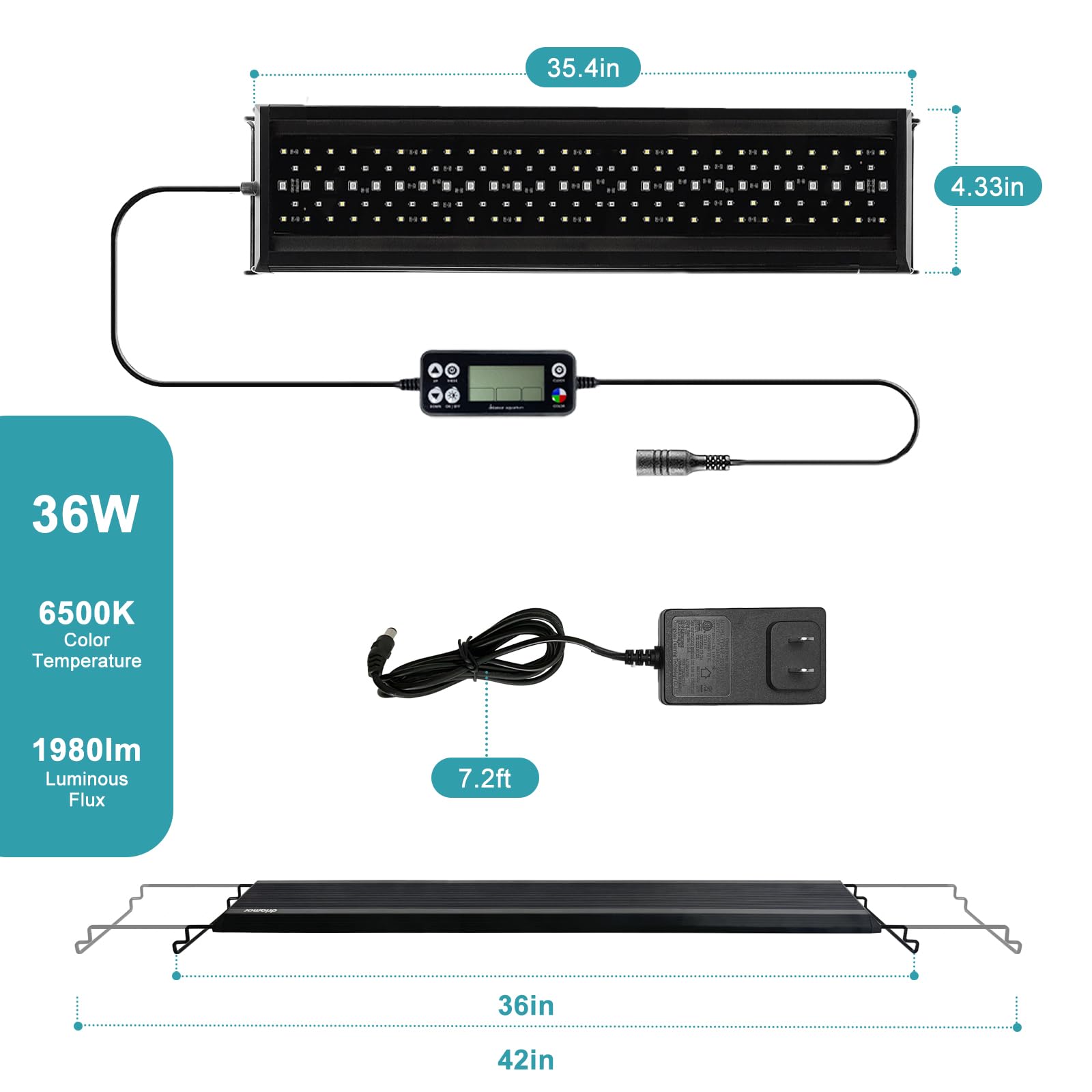 24/7 LED Aquarium Light, IP68 Waterproof Extendable Bracket Fish Tank Light with Timer, 7 Colors, 10 Level Adjustable Brightness, DIY Mode Full Spectrum Aquarium Plant Light for 36-42 Inch Fish Tank - image 6