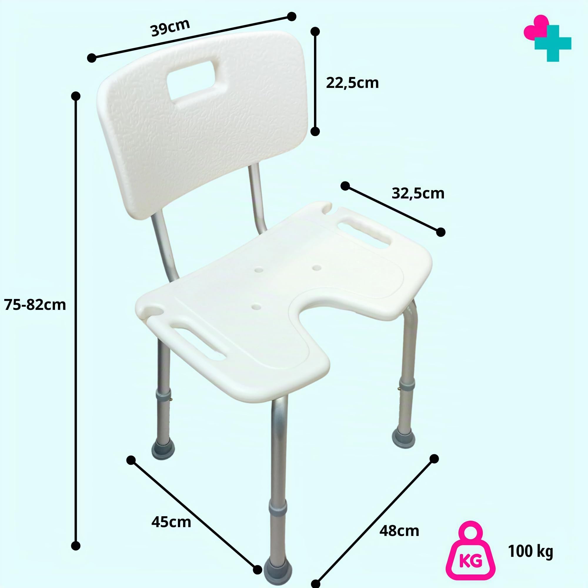 Silla de Ducha para Personas Mayores con Respaldo y Asiento en U | Regulable en Altura | Silla de Baño Antideslizante con Asas | Ayuda para Higiene, Movilidad Reducida y Discapacidad