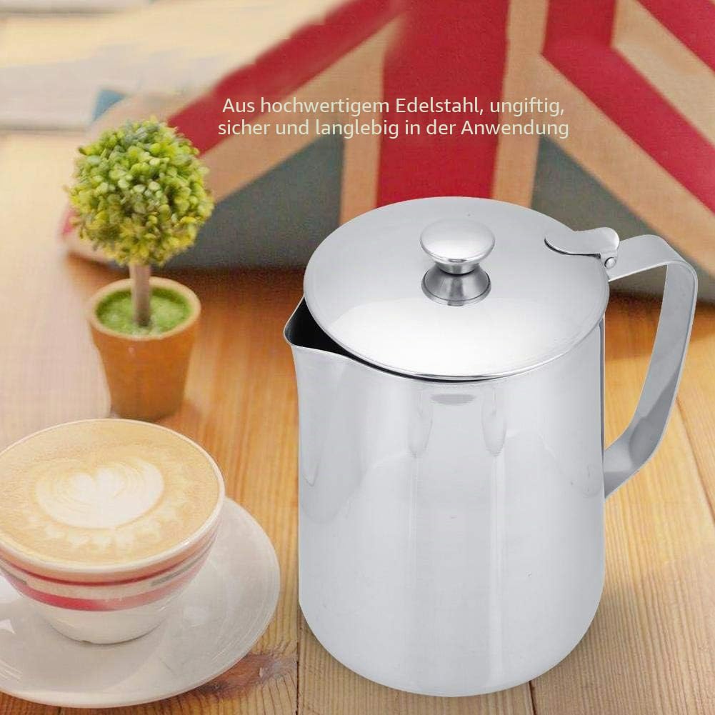 Nikou Milchkännchen Edelstahl 2000ml, Schaumbecher mit Deckel, Kaffeetasse Becher Milch Schaumkrug Handheld Becher Krug Milchaufschäumer für Barista Latte Coffee Art (Silber)