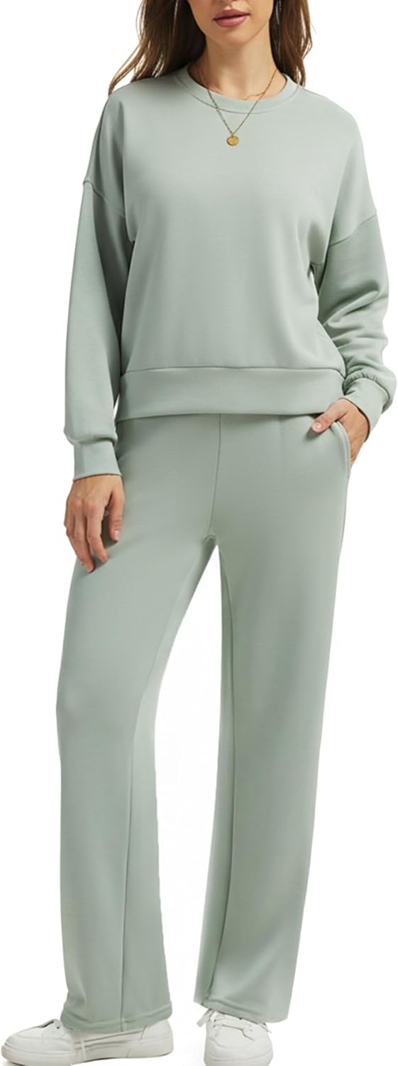 Womens Sweatsuits 2 Piece Sets 2026 Spring Travel Vacation Outfits Long Sleeve Wide Leg Pants Lounge Sets