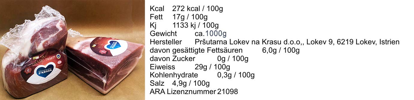 Luftgetrockneter Karst Schinken - Prosciutto - Kraski Prsut 12 Monate gereift Rohschinken mit Meersalz aus der Saline von Piran, Naturprodukt aus Istrien. Stück mit ca.800 -1100g (Einweg)