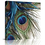 T&H XHome Wall Art Oil Paintings on Canvas Print Peacock Feather Arts Office Artwork Home Decoration Living Room Bedroom Bathroom Giclee Walls Decor,Wooden Framed Ready to Hang 12x12in